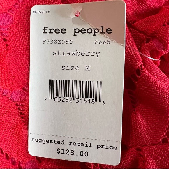FREE PEOPLE Crochet Dress Mini Red Strawberry Long Sleeve Size Medium NWT - Picture 9 of 12